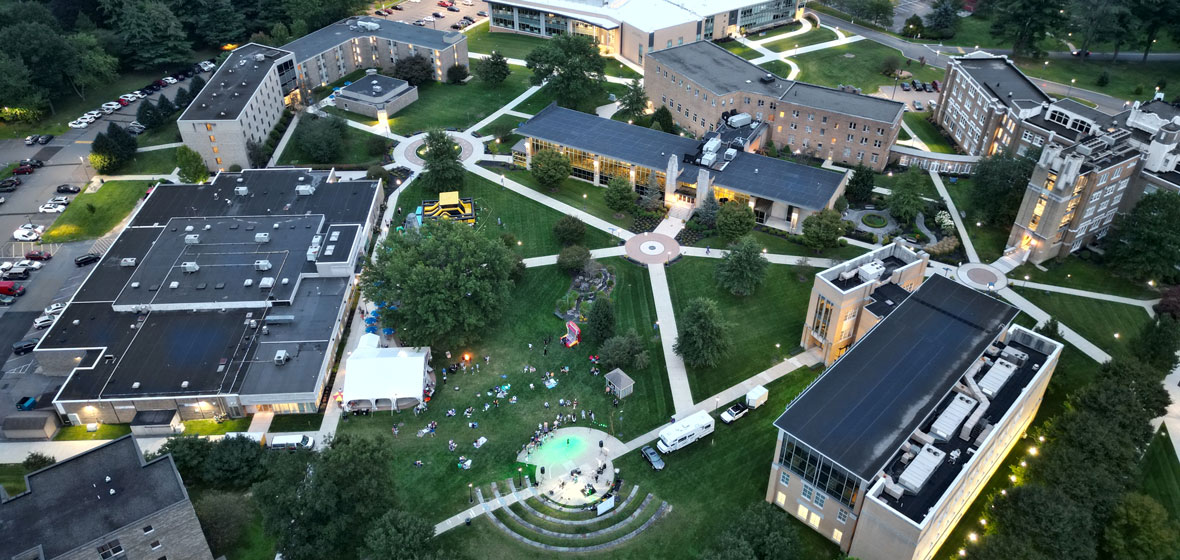 aerial view of the campus at dusk