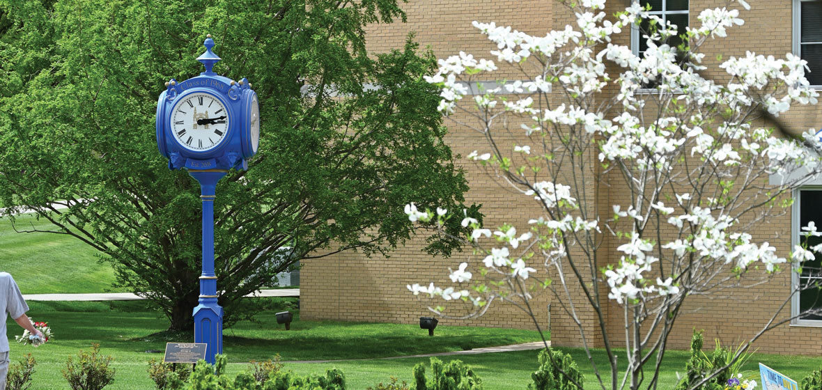 clock on campus next to a blooming spring tree