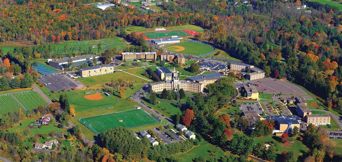aerial view of the campus in the fall