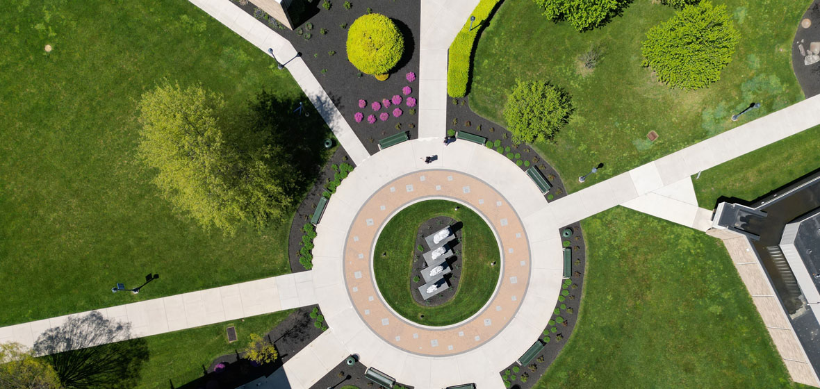 aerial view of the campus round about with sculptures