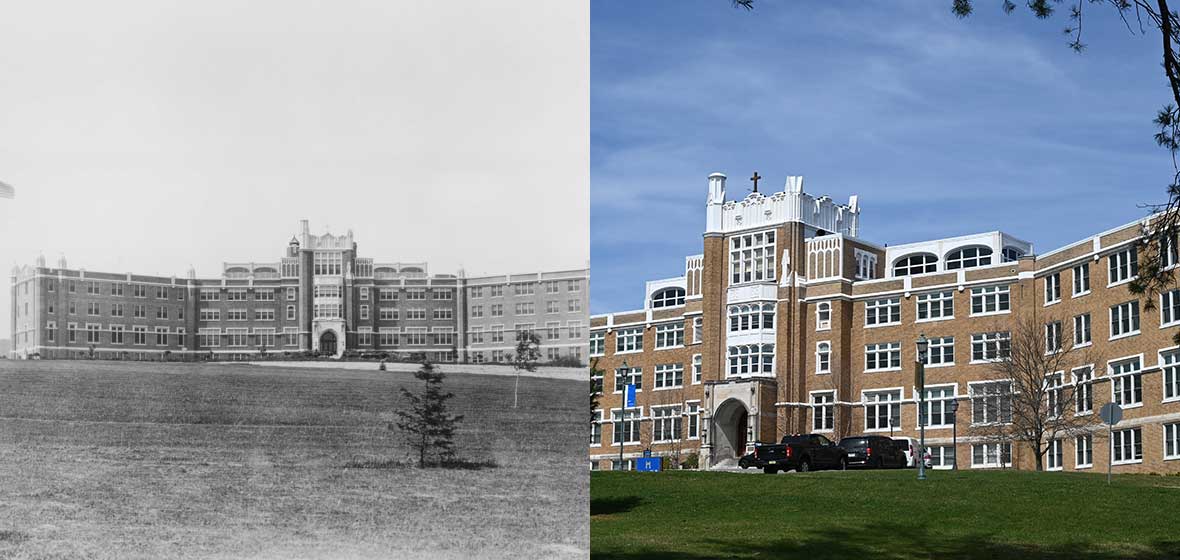 Admin building in 1932, and now